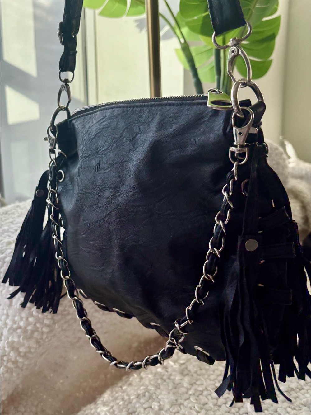 Y2K Black Moto Shoulder Bag Grommet Lace Up Fringe Tassel Chain Purse
